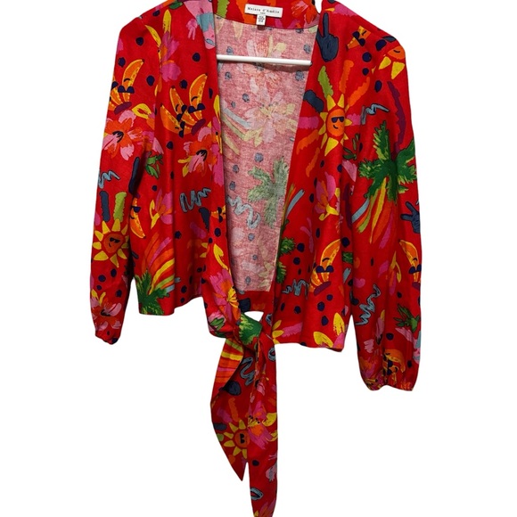 Maison D Amelie Linen Blend Tropical Crop Top Blouse Size M Red Tie Front Back - Picture 4 of 15